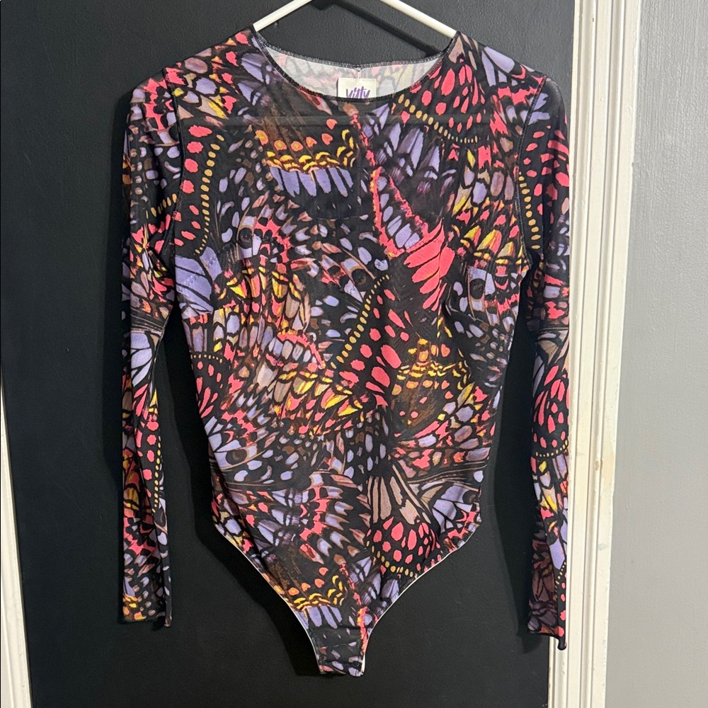 Yitty Mesh Me Smoothing Sleeved Thong Bodysuit Butterfly Print Size: M